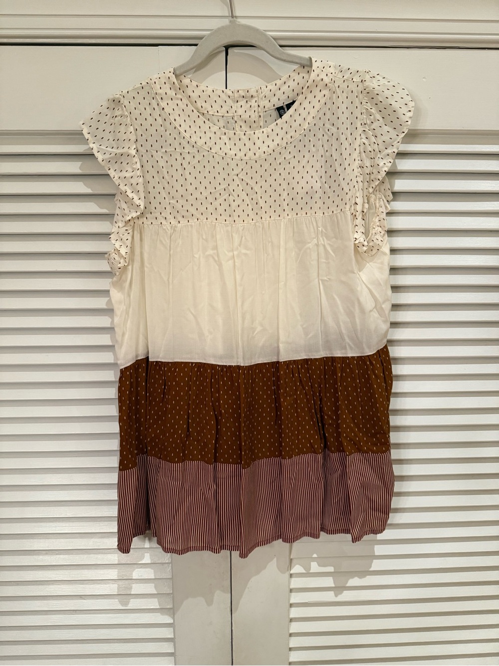 Versona Cream, Brown & Mauve Tiered Ruffle Sleeve Blouse